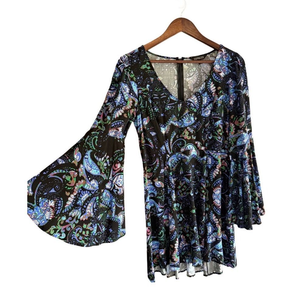 Express Paisley Dress Bell Sleeve V Neck Retro Short Mini Hippie Boho 70s Size 6